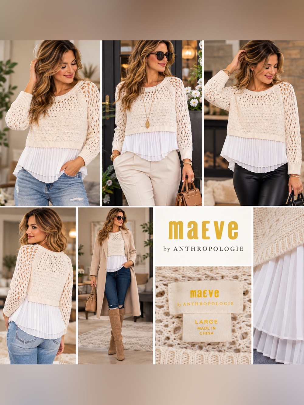 Anthropologie Maeve Cream Open-Knit Sweater with Pleated Hem